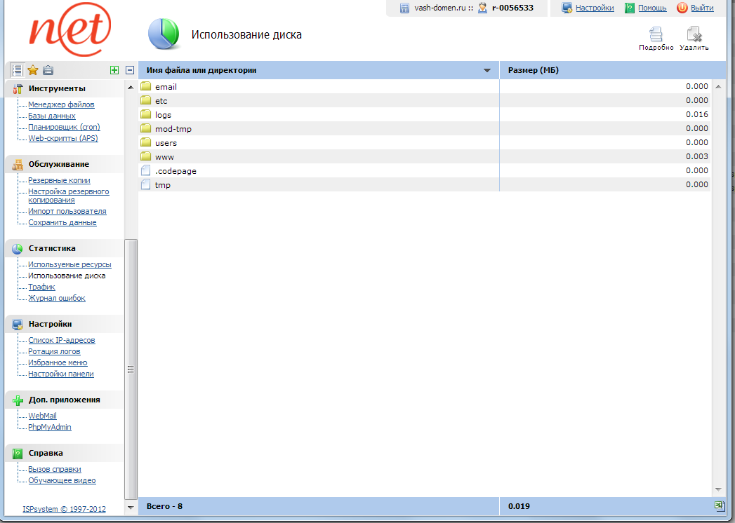 ispmanager - использование диска